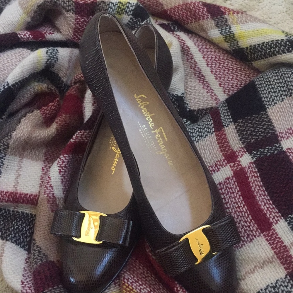 Salvatore Ferragamo Chocolate Snake Skin Flats
